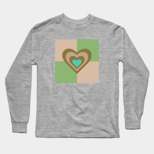 LOVE HEARTS CHECKERBOARD Retro Alt Valentines in Olive Sand Turquoise on Cream Green Geometric Grid - UnBlink Studio by Jackie Tahara Long Sleeve T-Shirt